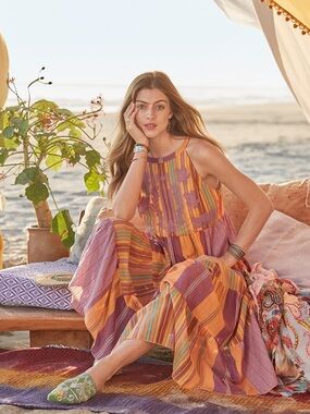 Sundance Embroidered Patchwork Tiered Boho Maxi Dress PS